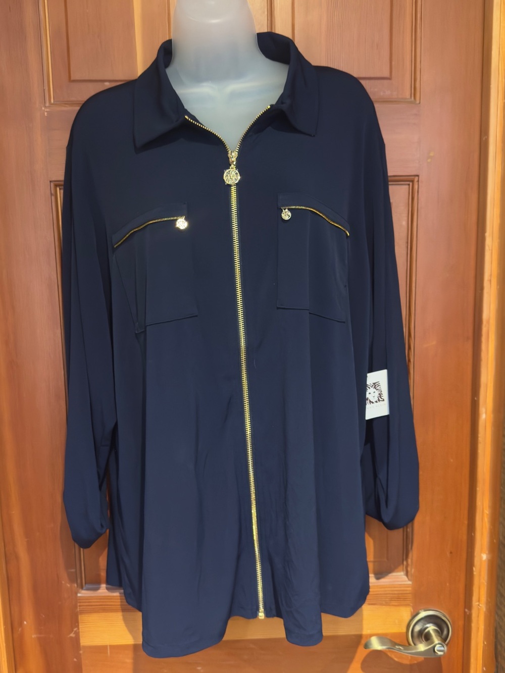 Anne Klein Navy Button-Front Shirt with Gold Zipper Accents